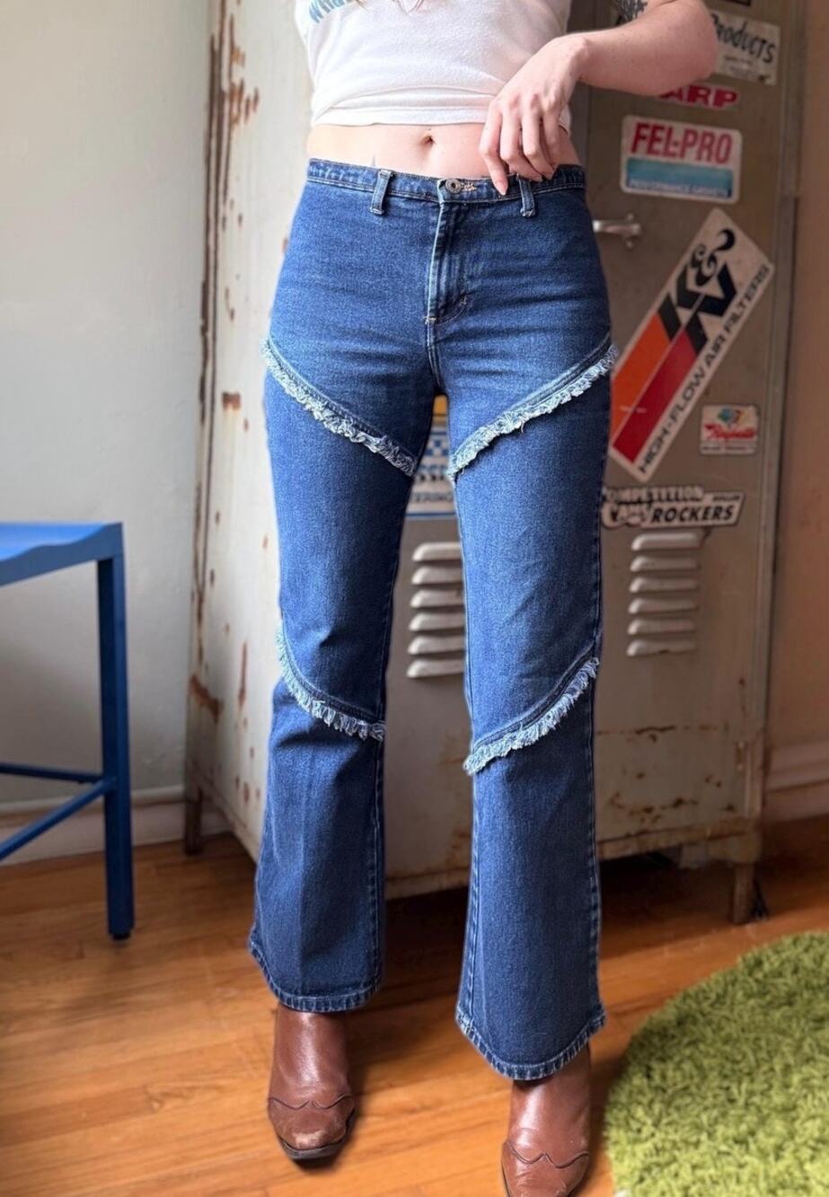 Vintage Y2K Fringe Panel Jeans | Low Rise Kick Flare Denim | Medium Wash | 29"